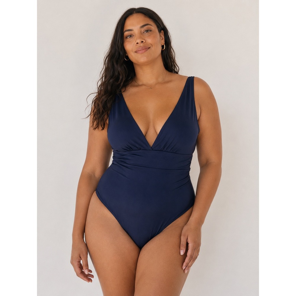 Andie Swim Mykonos Deep V One Piece Tall Swimsuit Coastal Chic XLT Navy Blue